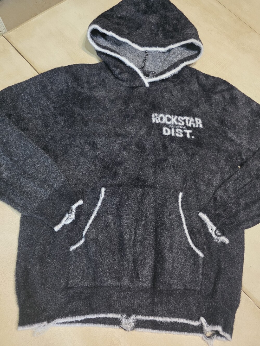 Rockstar Original Dist. Fuzzy Knit Distressed Hoodie Charcoal Gray M. NWOT